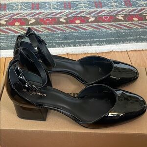 Reformation Black Patent Leather Block Heel Sandals